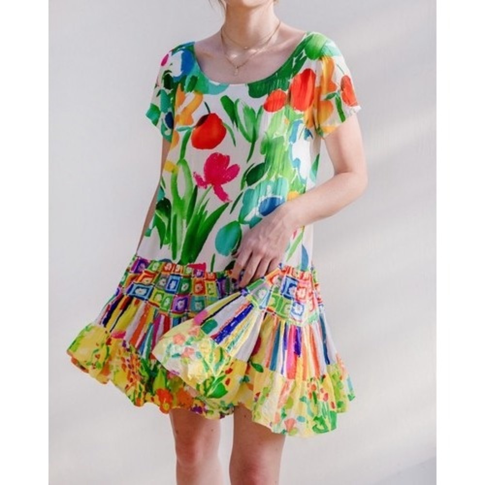 Jams World Dress Medium Floral Print Colorful‎ Tiered Ruffle Short Sleeve MF1